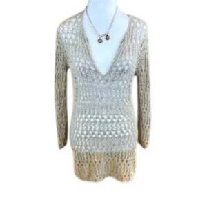 Velvet Sweater Linen Blend Beige Open Knit (M)